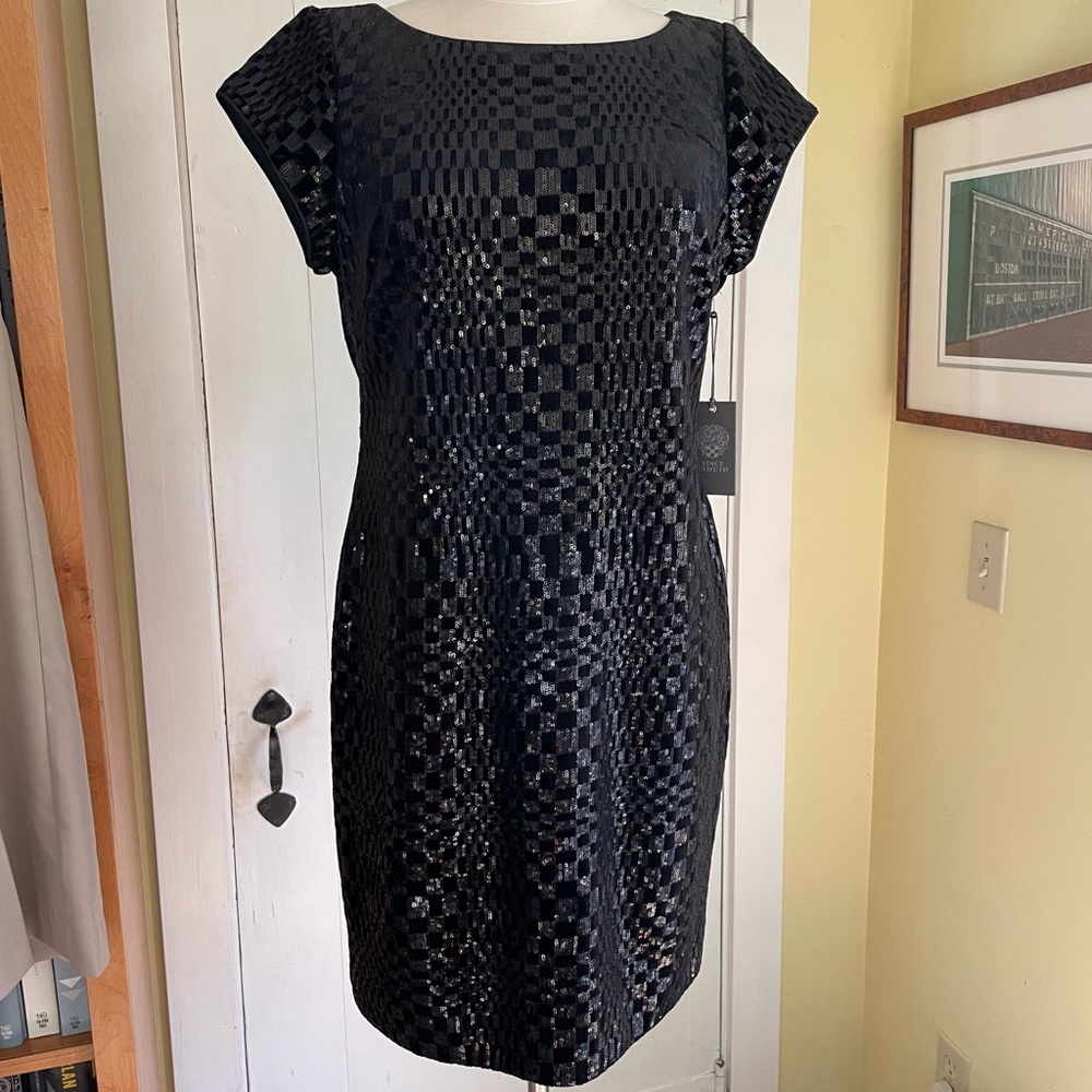 NWT Sequin Vince Camuto Black Sheath Embellished Cap Sleeve Metallic 14